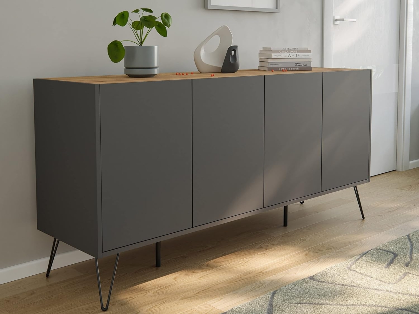 Magnolia Home Sideboard Raumwunder XL Sideboard Kommode Maxim 155cm stehend 4 Türen Grafit/Eic Bild 1