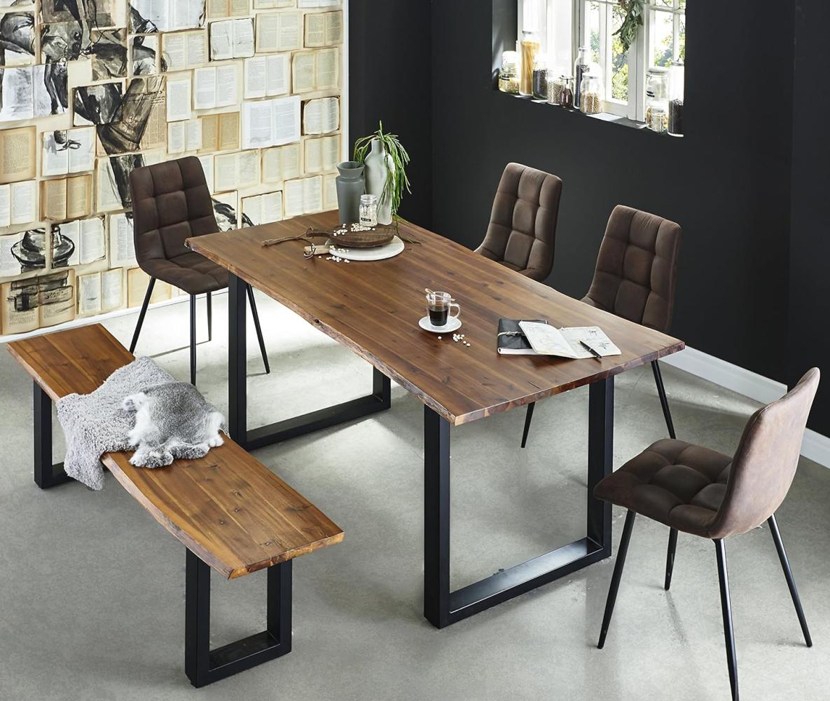 SAM 6 TLG. Essgruppe Ida, Baumkantentisch 120x80 cm & -Bank 120x40 cm, Akazie-Holz Cognacfarben, Gestell schwarz, 4X Schalenstuhl ULF braun Bild 1