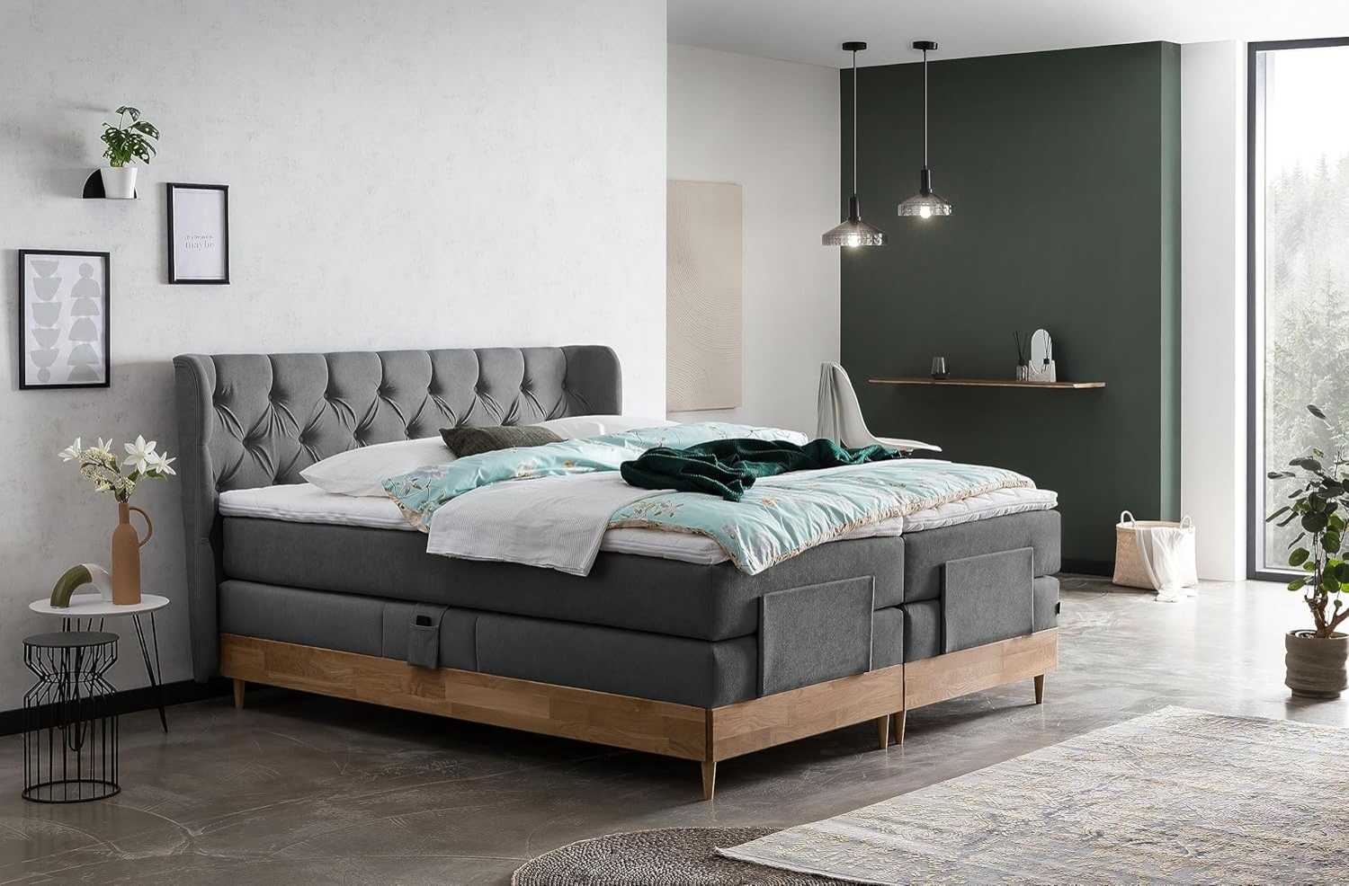 Belanoti Boxspringbett EON (Boxspringbett 180x200 elektrisch verstellbar Bett 180x200 mit Motor, 7-Zonen Taschenfederkern Matratze inklusive Visco Topper), in der Farbe Anthrazit H2/H3 Polsterbett Motorbett mit Eiche Bild 1