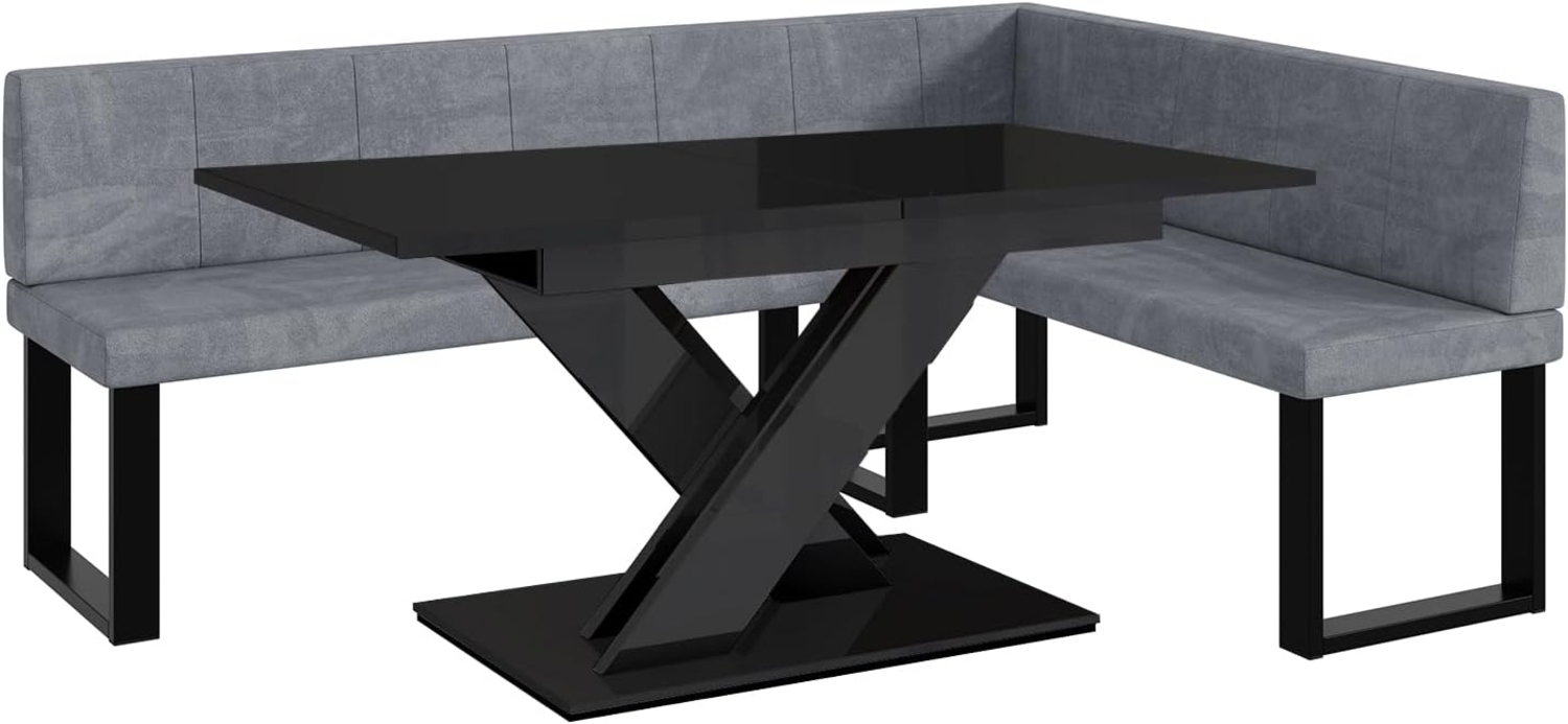 MEBLINI Eckbank für Esszimmer mit ausziehbarem Tisch - Küchenbank - Essecke - Sitzecke Küche - PETER - U-Beine 142x196x87cm Rechts - Grau Samt/B Schwarz Hochgl. Bild 1