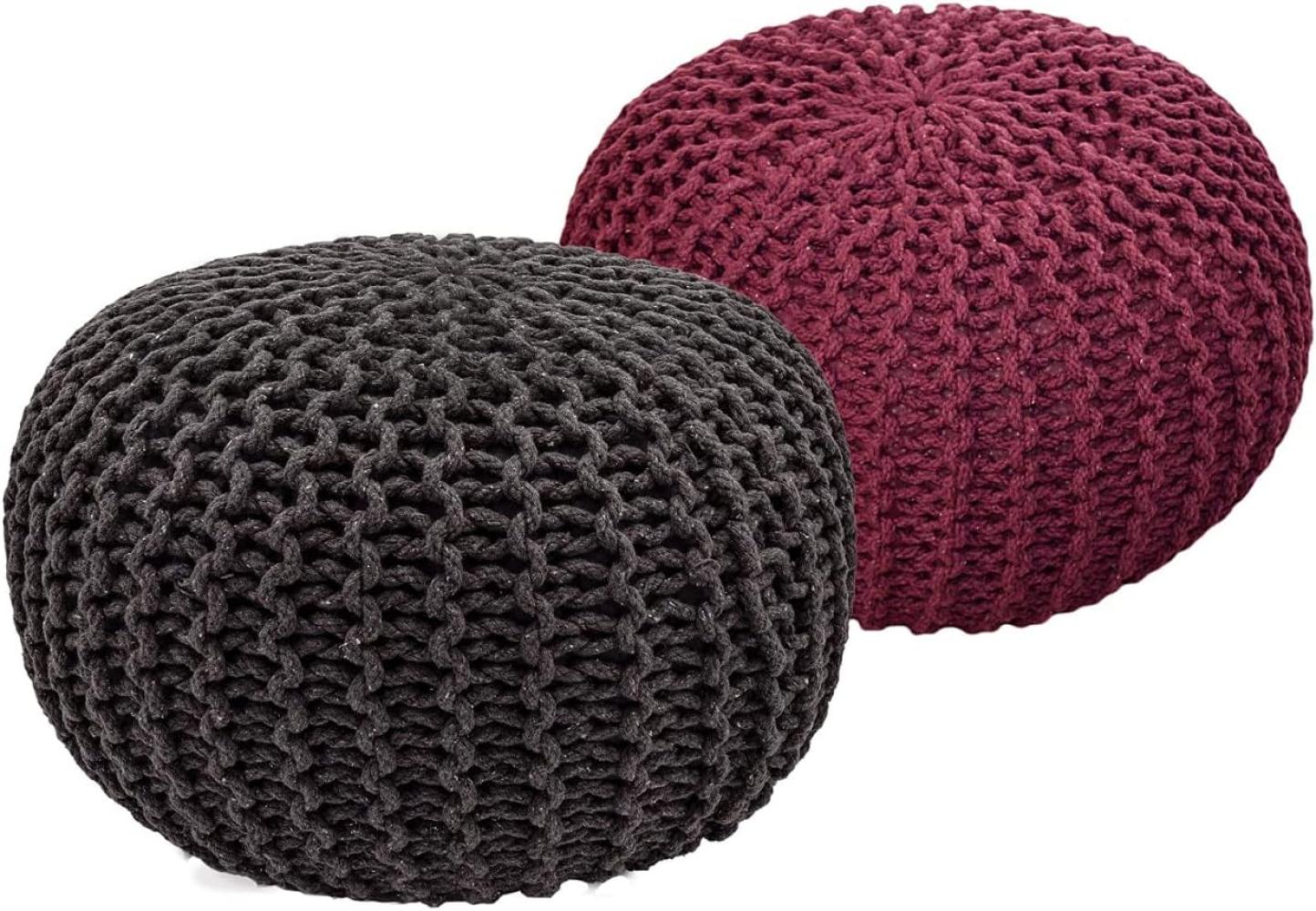 Pouf Set 2 Stück Strickhocker Bodenkissen Grobstrick-Optik Ø 55 cm H 37 cm grau & bordeux Sitzhocker Bild 1