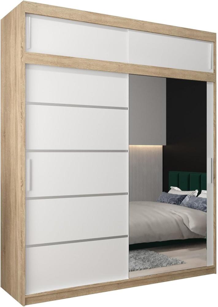 Kryspol Schwebetürenschrank Verona 2-200 cm mit Spiegel Kleiderschrank mit Kleiderstange und Einlegeboden Schlafzimmer- Wohnzimmerschrank Schiebetüren Modern Design (Sonoma + Weiß mit Erweiterung) Bild 1