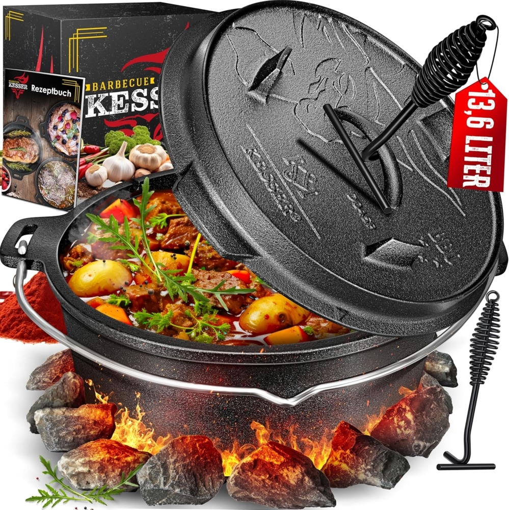 KESSER® Dutch Oven Set BBQ Feuertopf Schmortopf, Gusseisen Topf mit Deckelheber Henkel und Schlitz für Themormeter, kochkessel Grilltopf Gulaschkessel für Oudoor & Indoor Bild 1