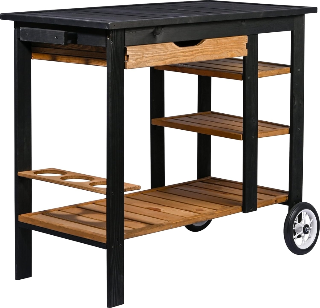 dobar® 35455FSCe BBQ-Trolley Massivholz | Servierwagen für Getränke | Beistellwagen zum Grillen| Für Garten/Terrasse/Balkon | Rollbarer Servierwagen mit 2 Gummirädern | 95 x 48 x 84 cm | Schwarz/Braun Bild 1