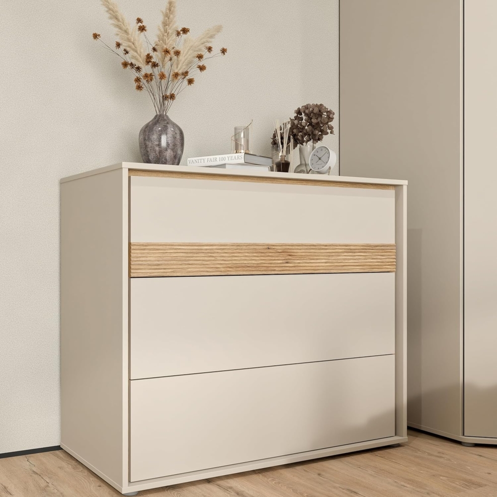 Forte WEXLIN Kommode 95 100, Moderne Kommode mit 3 Schubladen, Kinder- und Jugendzimmer, Holzwerkstoff, Kaschmir | Beige |Mauvella Eiche Holzdekor, 96,3 cm breit x 84,1 cm hoch x 50,2 cm tief Bild 1