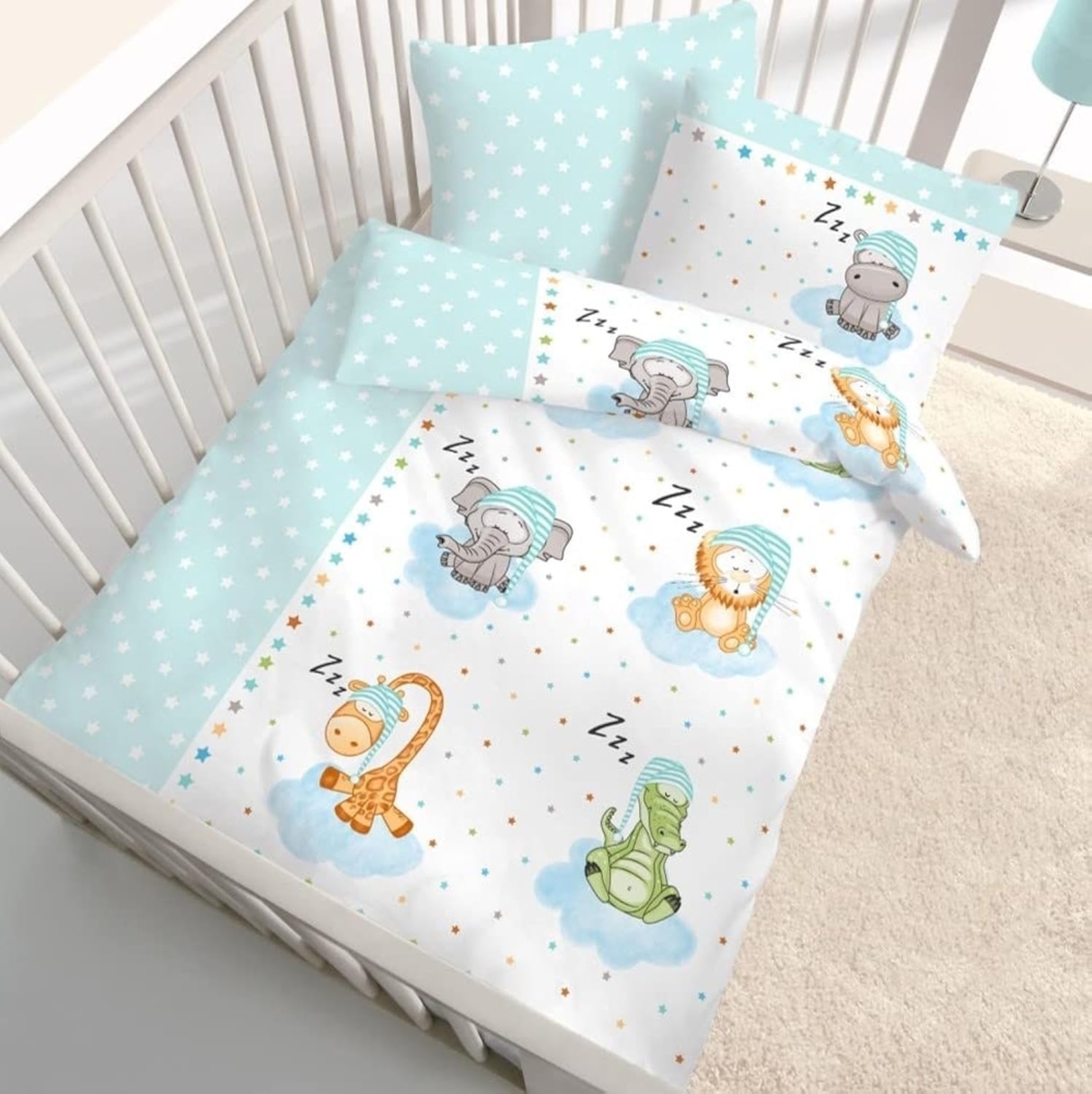 MTOnlinehandel Kinderbettwäsche Zootiere 100x135 + 40x60 cm 2 tlg, 100 % Baumwolle in Biber, Sterne, Biber, 2 teilig, Babybettwäsche mit Tieren: Elefant Löwe Giraffe Krokodil und Nilpferd Bild 1