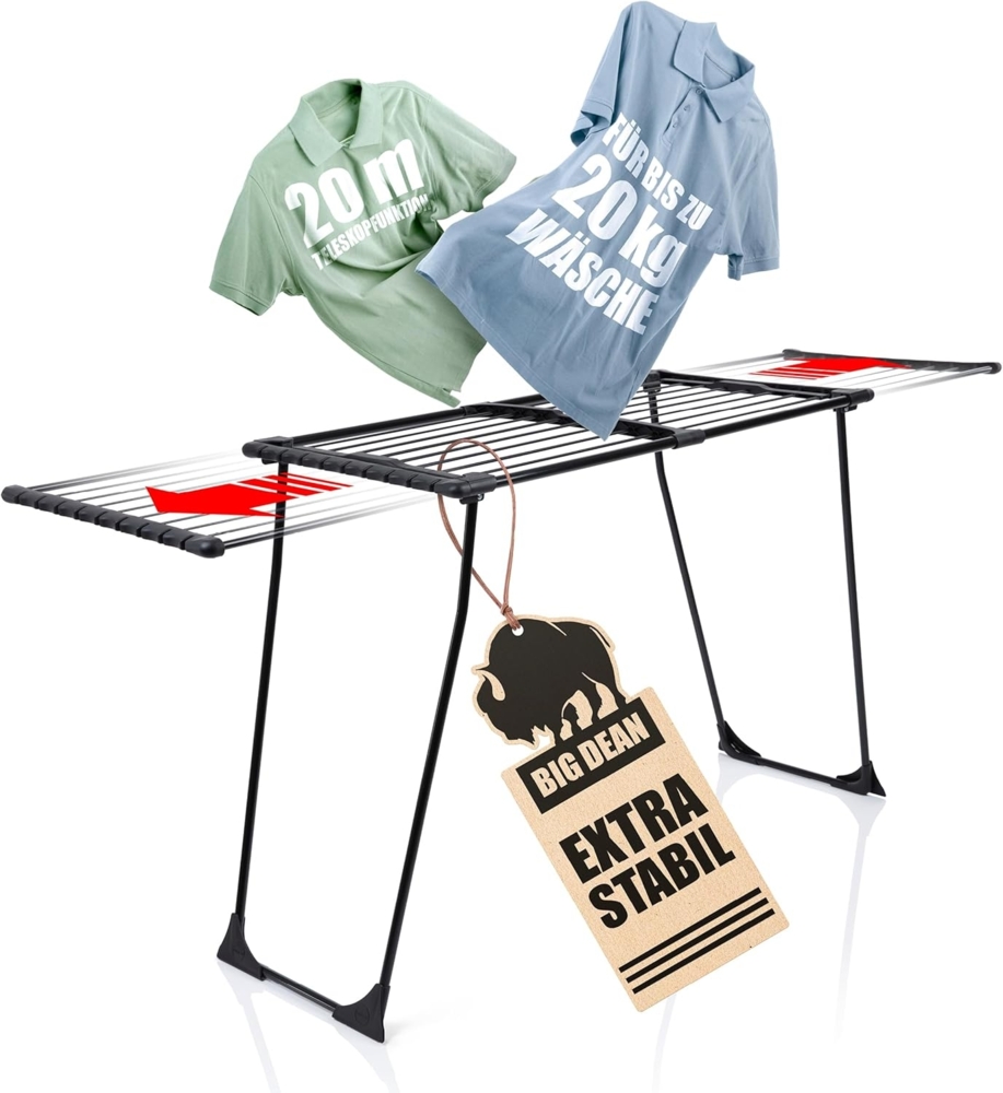 BigDean Wäscheständer Wäscheständer ausziehbar 20m - Wäscheständer XXL - Schwarz, Stahlkonstruktion, Kleinteile Klemme, Ausziehflügel Bild 1