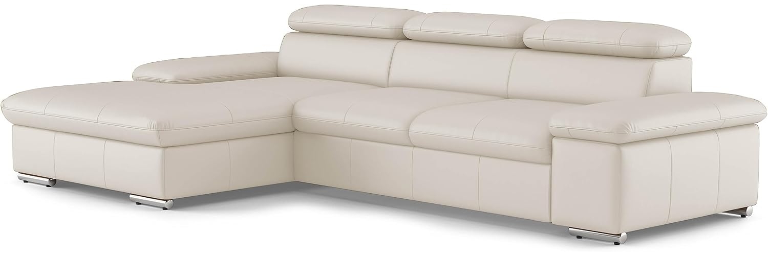 CAVADORE Echtleder-Eckcouch Valerie mit XL-Longchair / Ecksofa mit Kopfteilverstellung, großem Longchair + Metallfüßen / 286 x 73 x 174 / Leder Weiß Bild 1