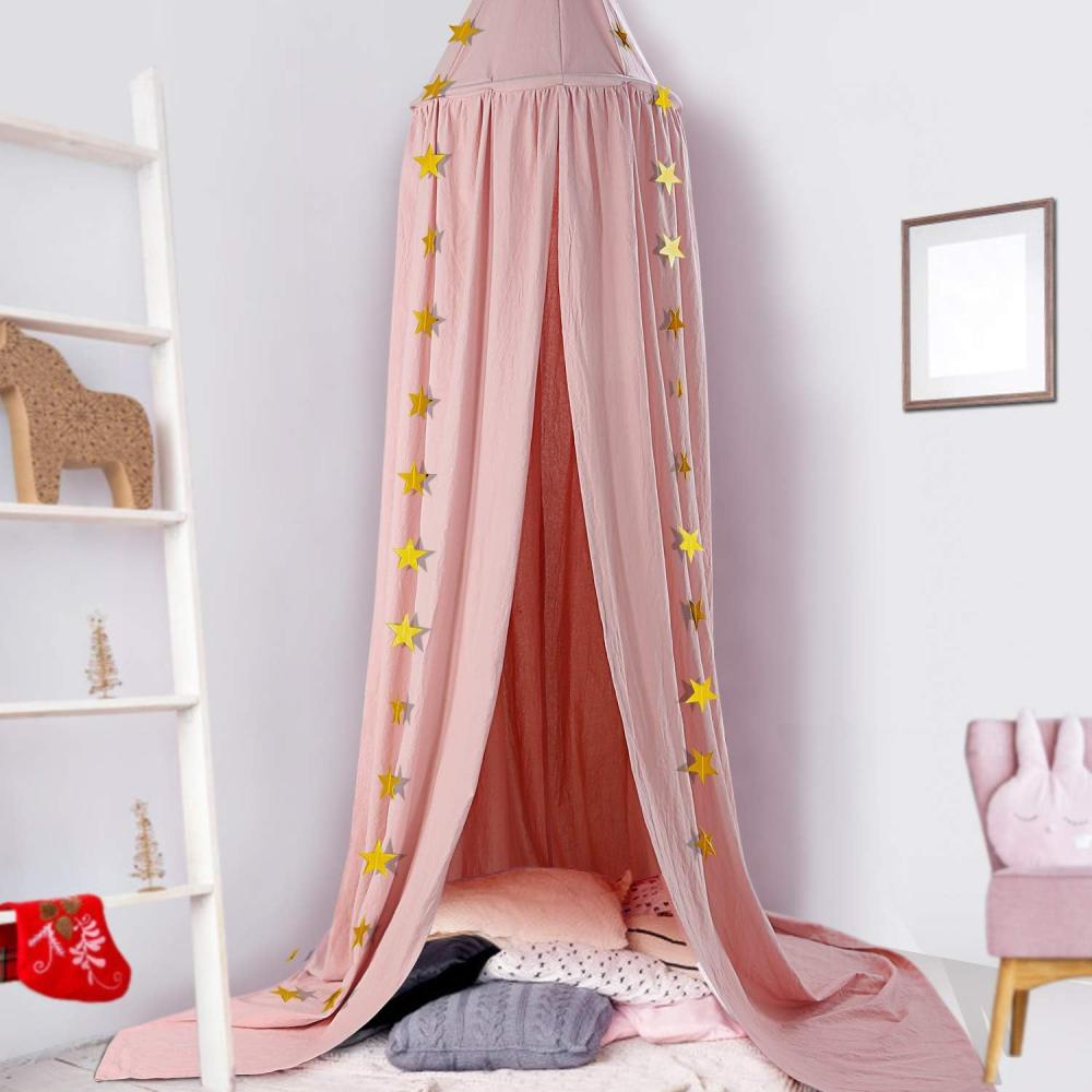 Baby Baldachin, Betthimmel Kinder, Ceekii Babys Bett Kinderzimmer Bettvorhang Baumwolle Deko Moskitonetz für Prinzessin Spielzelte Babybett & Schlafzimmer Dekoration mit Sternengirlande (Pink) Bild 1