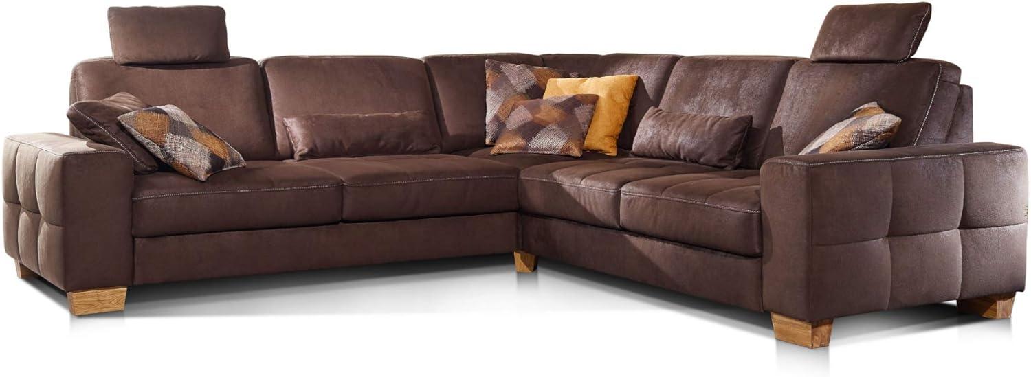 Cavadore Ecksofa Puccino mit Federkern, verstellbarer Rückenlehne und 2 Kopfstützen / Sofa gleichschenklig in L-Form im Landhaus-Design / 276 x 86 x 271 cm / Mikrofaser braun Bild 1