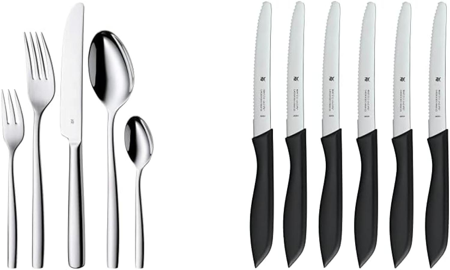 WMF Palma Edelstahl Besteck Set 6 Personen, Essbesteck Set 30 teilig, Monobloc-Messer & Classic Line Frühstücksmesser Set 6-teilig, 23 cm, Brötchenmesser Wellenschliff, Brotzeitmesser Bild 1