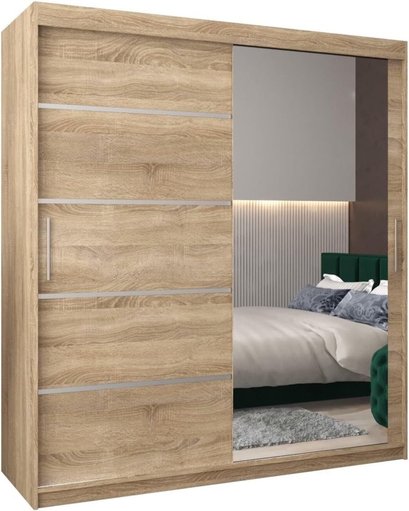 Kryspol Schwebetürenschrank Verona 2-180 cm mit Spiegel Kleiderschrank mit Kleiderstange und Einlegeboden Schlafzimmer- Wohnzimmerschrank Schiebetüren Modern Design (Sonoma) Bild 1