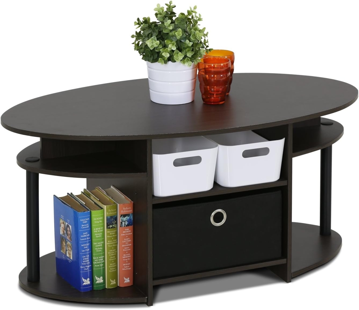 Furinno JAYA Ovaler Couchtisch mit modernem Design mit Einschub, holz, Nussbaum, 50. 04x50. 04x16. 4 cm Bild 1