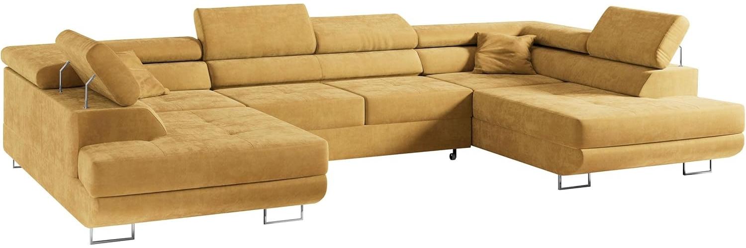 Ecksofa, Wohnzimmer U Couch, Polstersofa mit Bettkasten - GUSTAW-U - Gelb Velours Bild 1