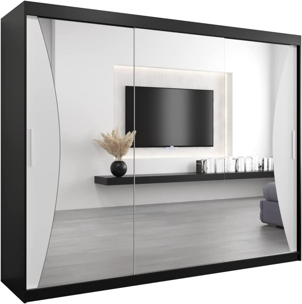 Kryspol Schwebetürenschrank Monaco 250 cm mit Spiegel Kleiderschrank mit Kleiderstange und Einlegeboden Schlafzimmer- Wohnzimmerschrank Schiebetüren Modern Design (Schwarz + Weiß) Bild 1