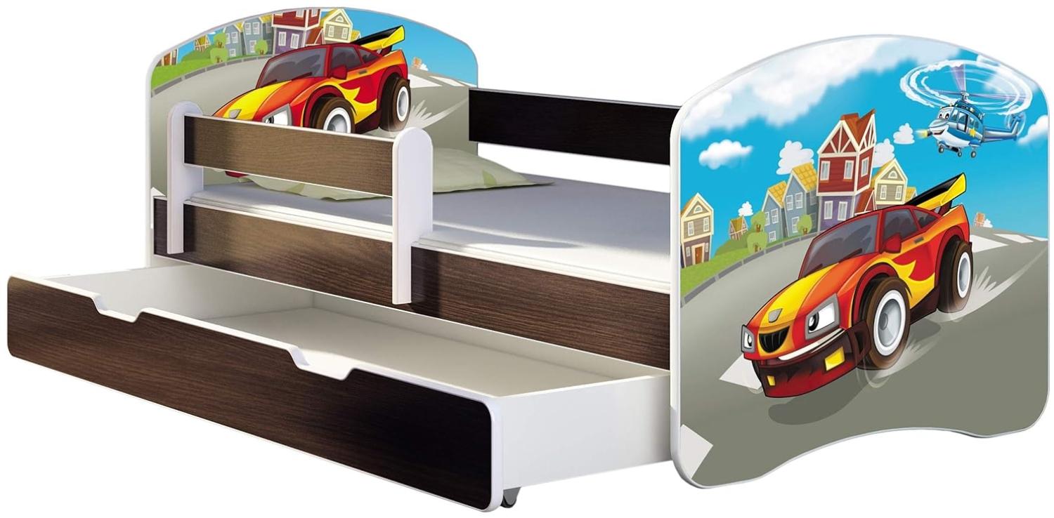 ACMA Kinderbett Jugendbett mit Einer Schublade und Matratze Wenge mit Rausfallschutz Lattenrost II 140x70 160x80 180x80 (03 Racing Car, 180x80 + Bettkasten) Bild 1