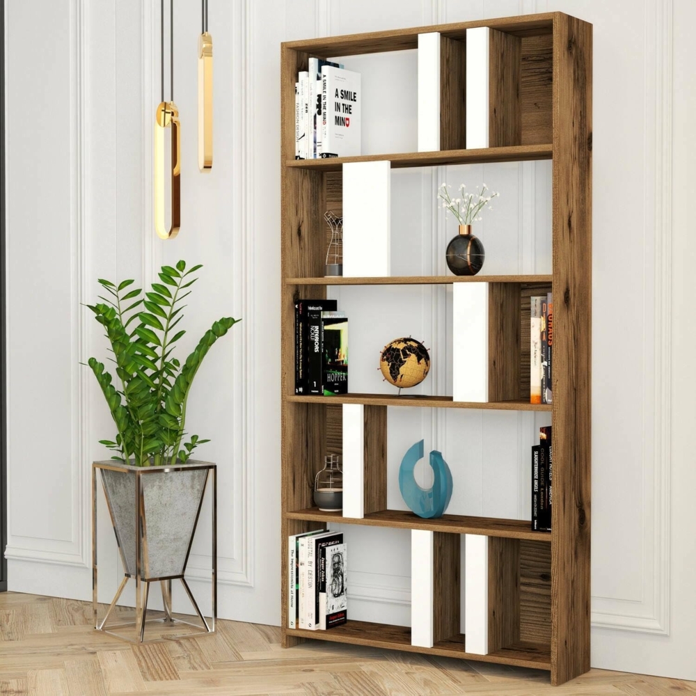 Dmora - Bücherregal Algieba, Büroregal, Mobiler Buchhalter, Bücherbrett, 90x20h180 cm, Walnuss und Weiß Bild 1