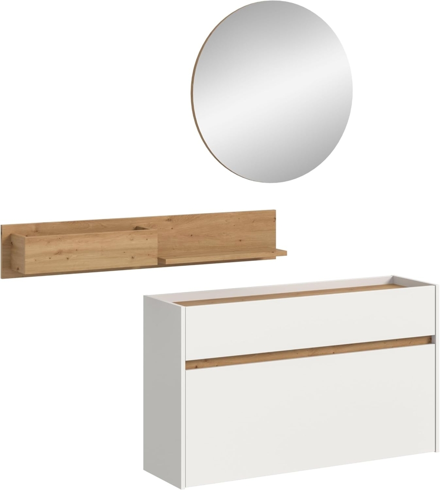 xonox. home – 3 teilige Garderobenkombination Drive 140 x 192 x 32 cm in Weiß und Artisan Oak Nachbildung – Set mit Spiegel, Regal & Schuhkommode – Moderne Garderobe für Diele & Eingangsbereich Bild 1
