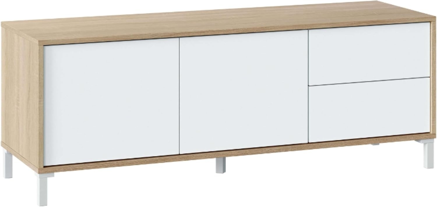 Wohnzimmer-TV-Ständer bestehend aus einem Modul mit zwei Türen und zwei Schubladen, Eiche und weiße Farbe, 130 x 47 x 41 cm Bild 1