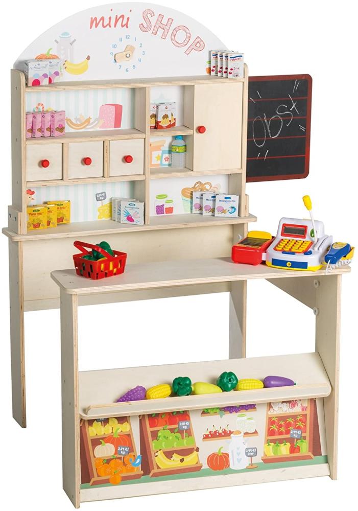 roba Kinderkaufladen 'Minishop' aus Holz mit Theke, Tafel, Schiebetür & Marktstand Bedruckung, inkl. Kaufladenzubehör Bild 1