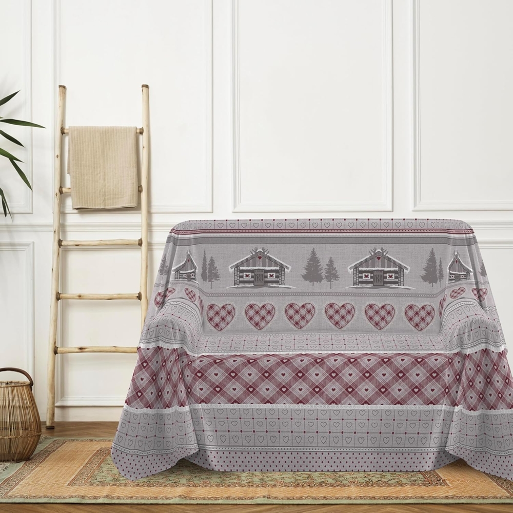 PENSIERI DELICATI Sofaüberwurf 180x290 cm, hergestellt in Italien, Überwurf aus 100% Reiner Baumwolle, Motiv Chalet, rot, ideal als Überwurf oder Tagesdecke für den Sommer (Einzelbett) Bild 1