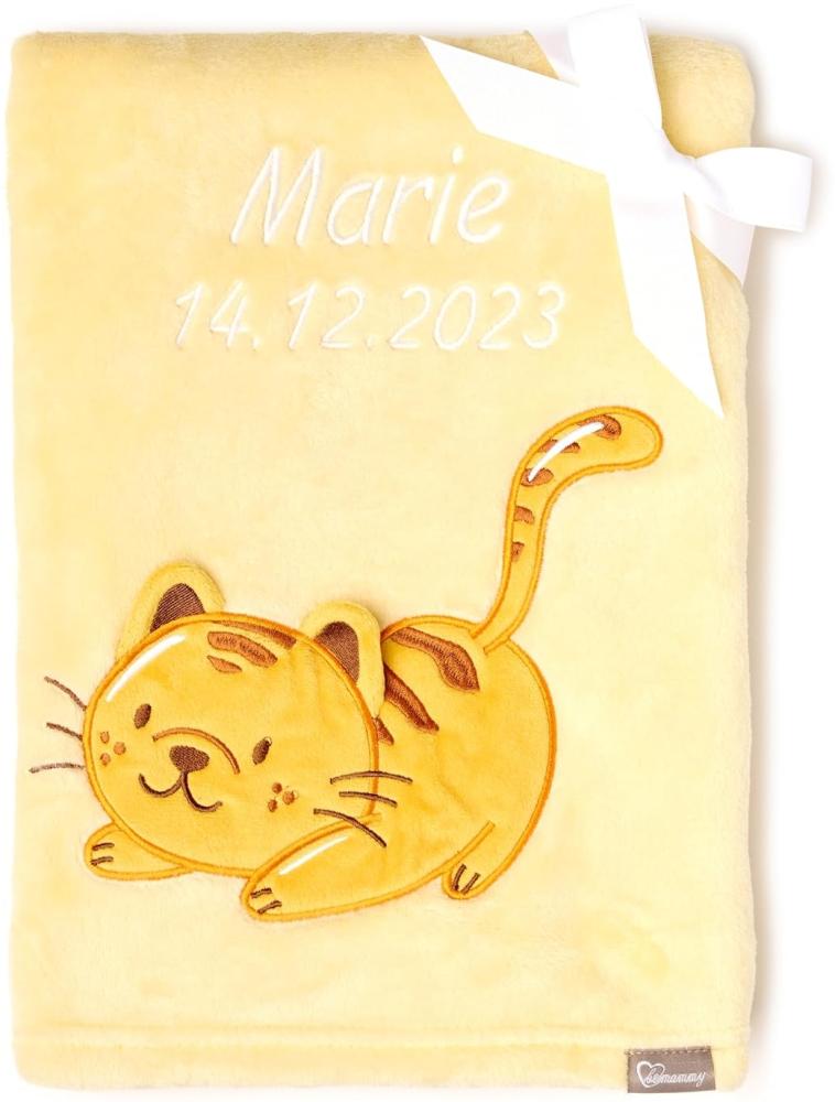 Be Mammy Personalisierte Babydecke mit 3D Applikation Warme Kuscheldecke mit Namen und Geburtsdatum; Perfektes Baby Geschenk; Blanket; Krabbeldecke BE20-280 (Gelb - Katze) Bild 1