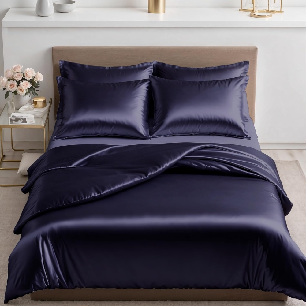 Cozyor Bettwäsche Satin glänzend 135x200, 155x200, 155x220, 200x200cm mit Reißverschluss, Satin, dunkelblau Ocean, 3 teilig, glänzend Satin, Bettbezug + Kissenbezug 40x80, besonders weich Bild 1