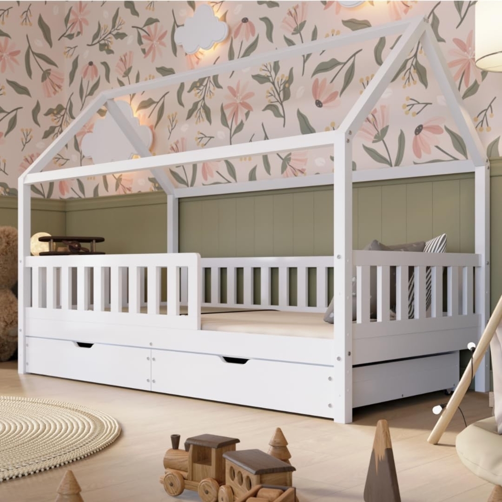 Crazy Pine Hausbett mit Schubladen 200x120 cm – Kinderbett aus Naturholz in Weiß mit Rausfallschutz – Skandinavisches Design, Montessori Bodenbett mit zusätzlichen Stauraum - Crazy Blanco Bild 1