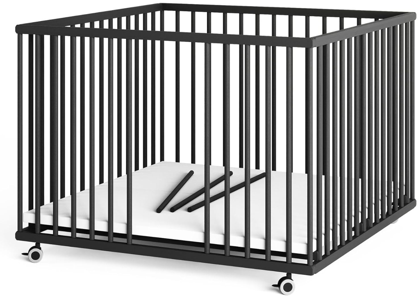 Sämann Laufstall Baby 100x100 cm mit 3 Schlupfsprossen und Matratze | TÜV geprüft 2024 | stufenlos höhenverstellbar | Laufgitter Premium | Babybett aus Holz | Krabbelgitter Black Edition Bild 1