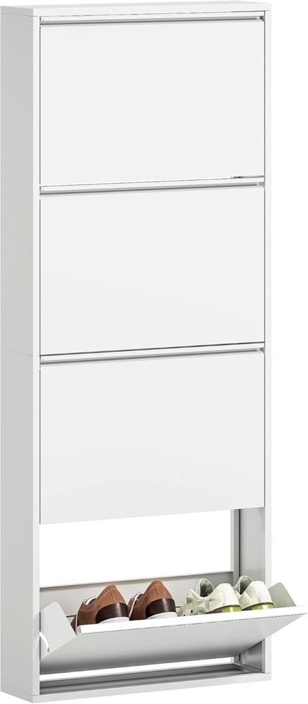 HOMCOM Schuhschrank mit 4 Klappen Schuhkipper Schmal für 8 Paar Schuhe Schuhregal (Metall Schuhkommode, 1-St, Schuhablage Wandmontage) für Eingangsbereich, Flur 55 x 15 x 139,5 cm Weiß Bild 1