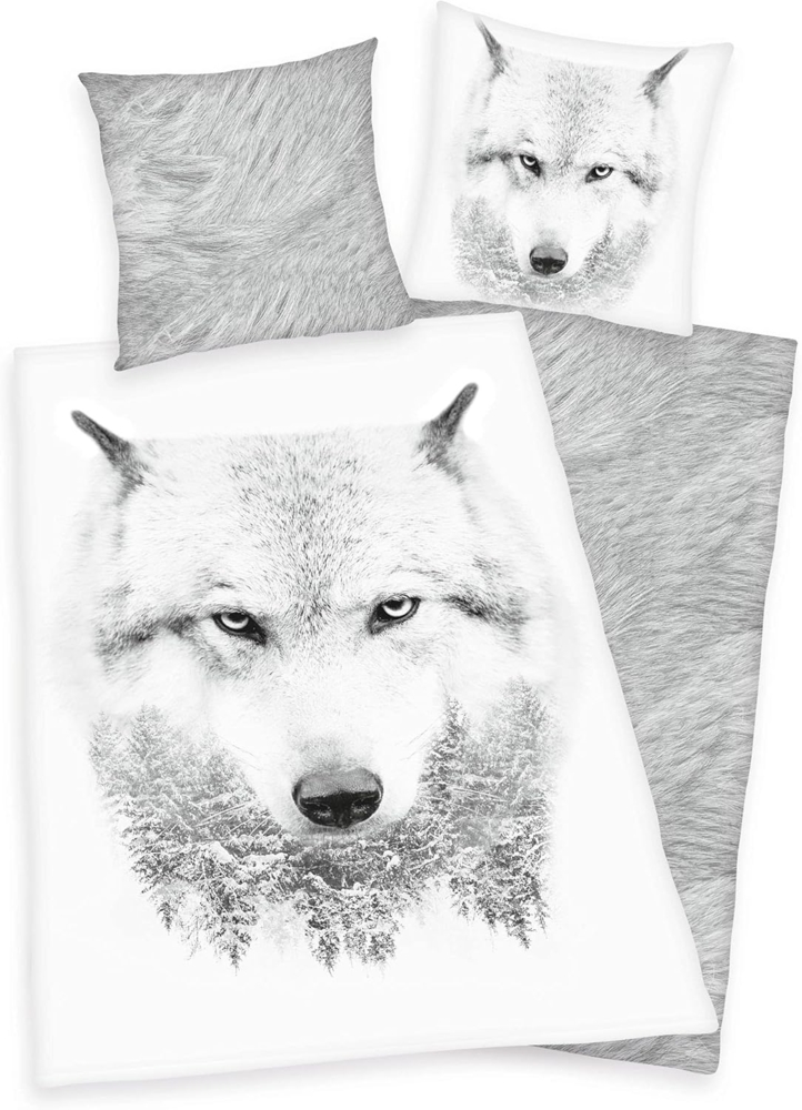 Herding Kinderbettwäsche Bettwäsche Set mit Wolf 135 x 200 cm 80 x 80 cm 100% Baumwolle Bild 1