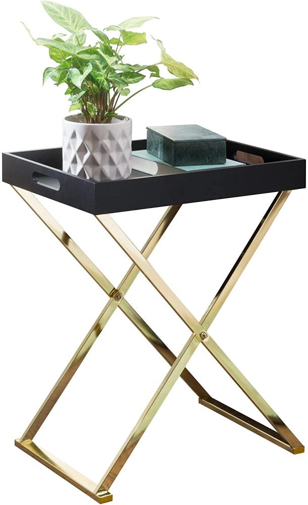 Wohnling Beistelltisch NANI TV-Tray klappbar 46 x 61 x 32 cm schwarz / Gold | Design Wohnzimmertisch mit Serviertablett | Kaffeetisch modern | Tabletttisch Holz | Ablagetisch mit Metallgestell Bild 1