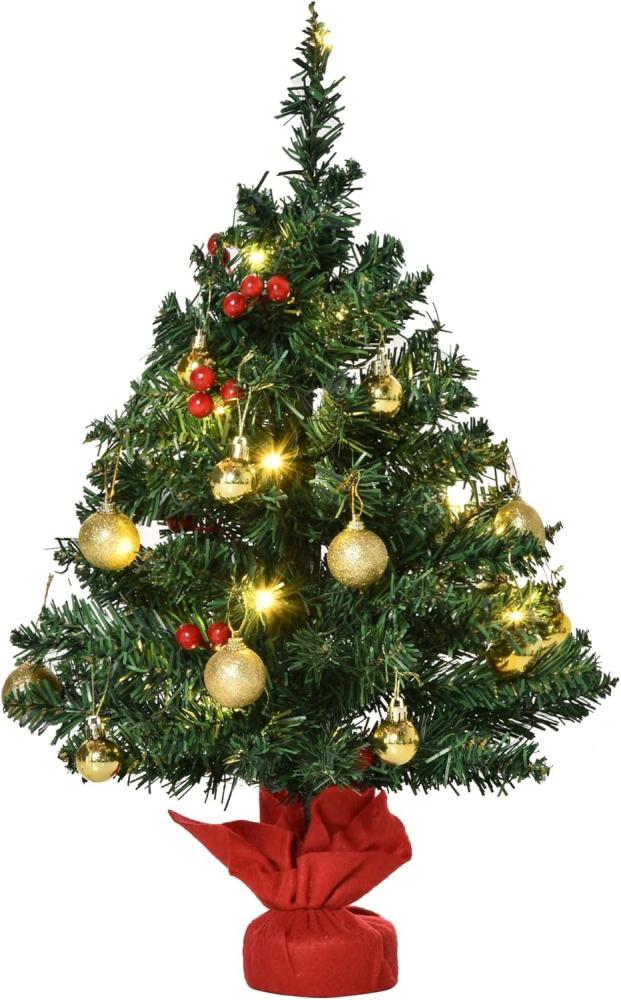 HOMCOM Künstlicher Weihnachtsbaum Mini Weihnachtsbaum mit Weihnachtskugeln, LED-Lichtern, roten Beeren, Tannen, 40 x 60 cm (BxH), grün, rot, gold Bild 1