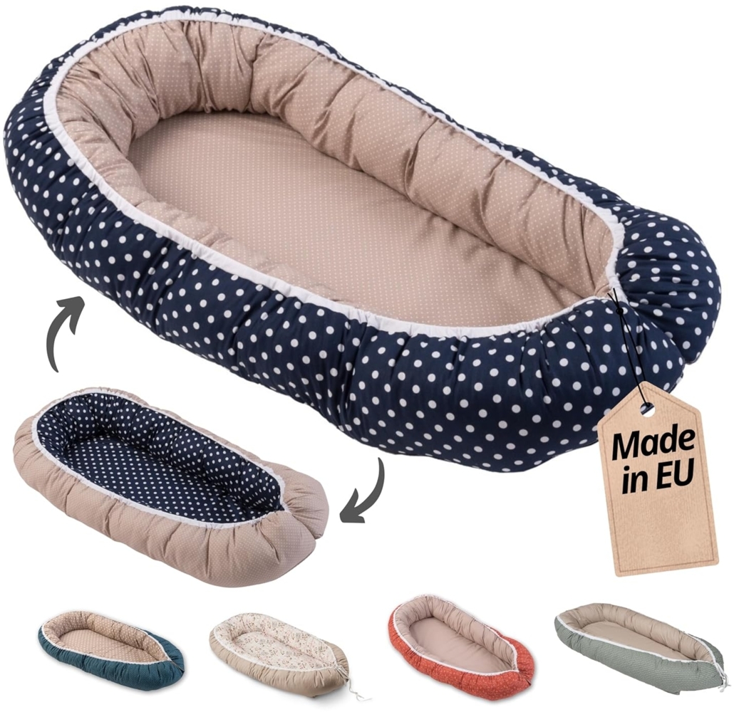 ULLENBOOM ® Babynest & Kuschelnest (55x95 cm) Wale (Made in EU) - Baby Nestchen aus Baumwolle, ideal als Reisebett, Baby Cocoon & Kuschelbett, Motiv: Sterne, Punkte Bild 1