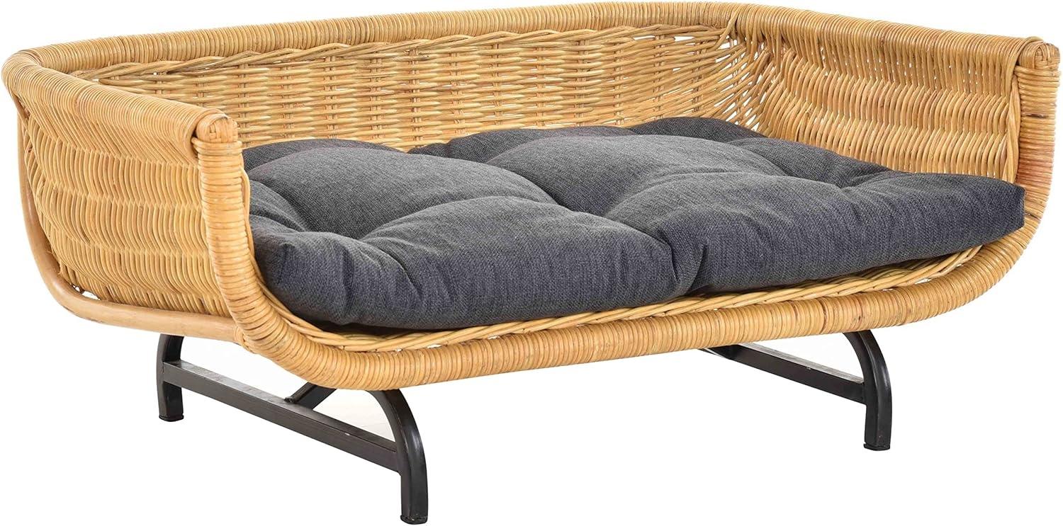 Krines Home Hundekorb Exklusiver Retro-Design Hundekorb Hundebett Tierkorb Haustier Bett, Polyester, Groß aus Rattan mit Kissen Modernes Bett für Katzen und Hunde Grösse Bild 1