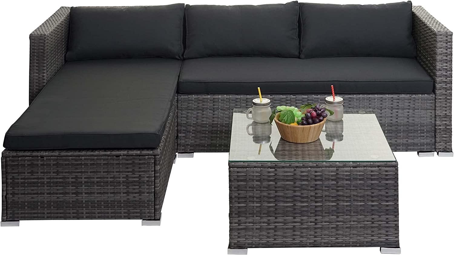 Poly-Rattan Garnitur HWC-F57, Balkon-/Garten-/Lounge-Set Sofa Sitzgruppe ~ grau, Kissen dunkelgrau ohne Deko-Kissen Bild 1