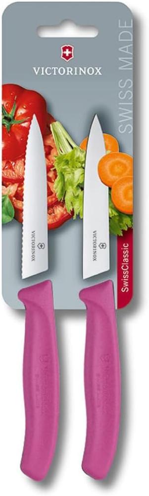 Victorinox Swiss Classic 2-tlg. Gemüsemesser-Set, 1 x Normaler Schliff, 1 x Wellenschliff, 10 cm Klinge, Mittelspitz, pink rosa Bild 1