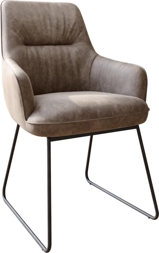 Esszimmerstuhl Zelia-Flex mit Armlehnen Mikrofaser Taupe Vintage Kufengestell Schwarz Taschenfederkern Bild 1