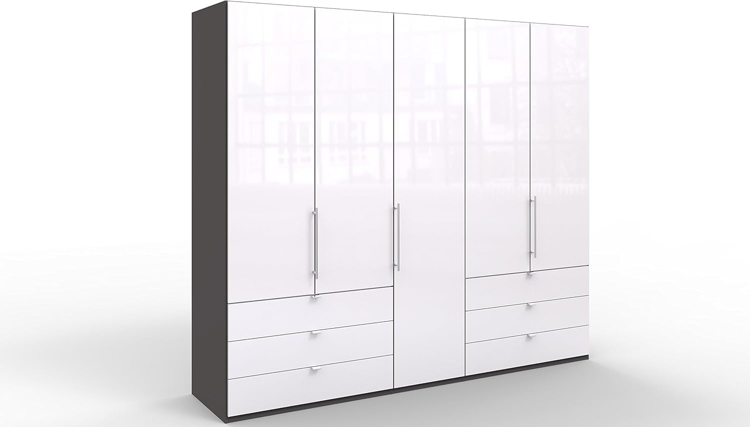 WIEMANN Loft Kleiderschrank, Schlafzimmerschrank, Gleittürenschrank, Drehtürenschrank, mit Schubladen, Glas weiß, Havanna, B/H/T 250 x 216 x 58 cm Bild 1