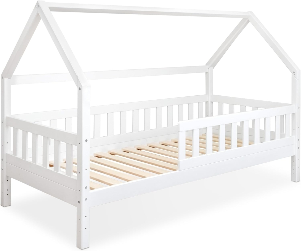 Ehrenkind® Hausbett | Kinderbett mit abnehmbaren Rausfallschutz aus Massivholz FSC zertifziert inkl. Lattenrost | Hausbett 90x200 | Kinderbett 90x200 Weiß Bild 1