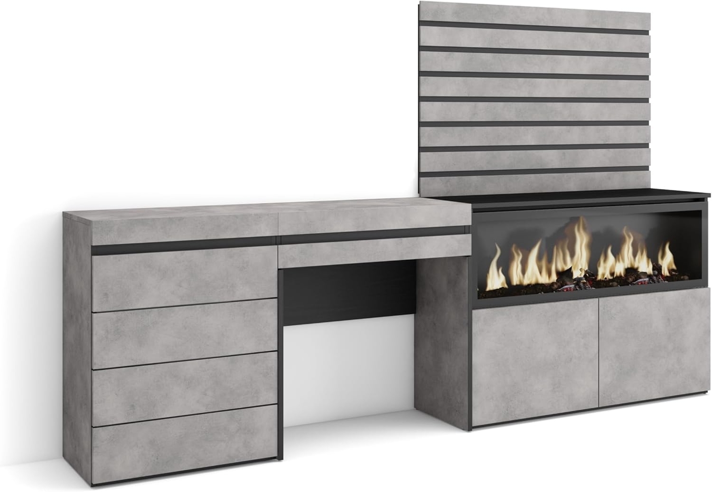 Skraut Home | Schminktisch | Frisiertisch mit Stauraum | 234 x 145 x 35 cm | mit Schublade | Elektrokamin XXL | Kommode mit Schubladen | Lamellenwand Holz | Moderner Stil | Zement Bild 1