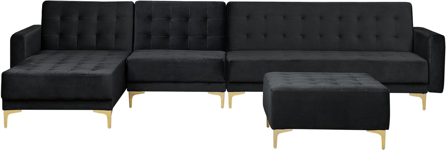 Ecksofa mit Ottomane ABERDEEN Samtstoff Schwarz Rechtsseitig Bild 1