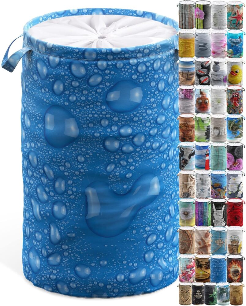 Sanilo Wäschekorb, 60 L, faltbar, mit Griffen & Abdeckung, 100% Polyester, Aufbewahrungskorb, HxØ 55x37 cm, Tautropfen Blau Bild 1