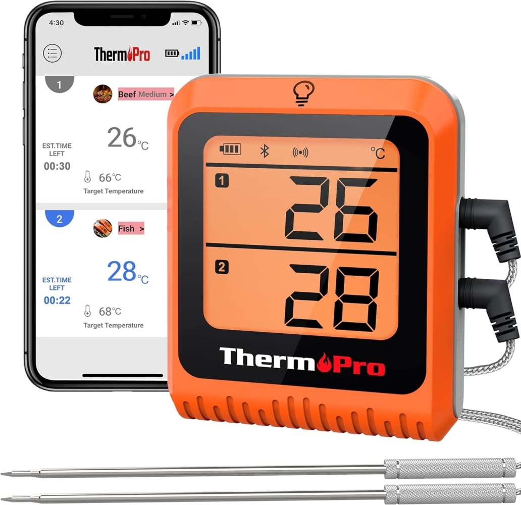 ThermoPro TP25H2 Küchenthermometer mit Timer und Alarmfunktion, 150 Meter, Empfängt Bluetooth, Thermometer für Fleisch, Grill, Ofen Bild 1