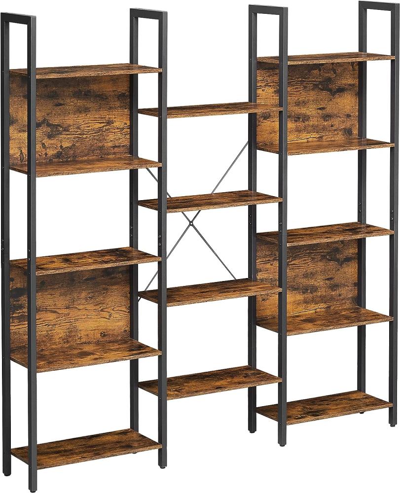 Vasagle Bücherregal, Leiterregal, 14 Ablagen, Metallgestell, für Wohnzimmer, Arbeitszimmer, Büro, Industrie-Design, 158 x 24 x 166 cm, vintagebraun-schwarz Bild 1