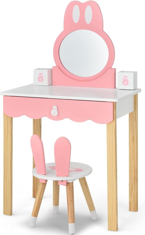 COSTWAY Kinder Schminktisch mit Hocker, Prinzessin Schminkkommode Frisiertisch mit Spiegel Schubladen & Aufbewahrungsbox, Make up Schminktisch Frisierkommode für Kinder Mädchen Bild 1