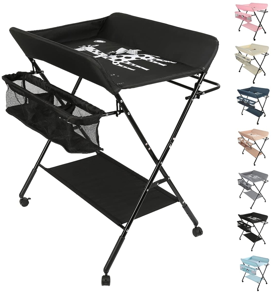 OHMG Baby Wickelkombi Klappbare Wickelkommode,Wickeltisch mit Rollen,Mobiler Wickeltisch mit Wickelauflage,Sicherheitsgurt und Ablagefächern,Wasserdicht und Höhenverstellbar,Stabil Bild 1