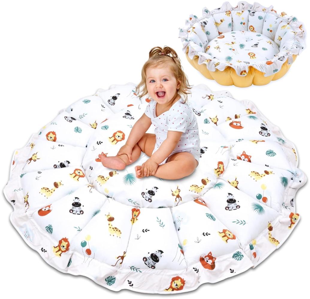 Krabbeldecke für Baby groß Krabbelteppich aus Velvet 130 cm – als Babynest Nestchen Laufstall trockener Pool Spieldecke xxl gepolstert mit Kordelzug Safari Bild 1