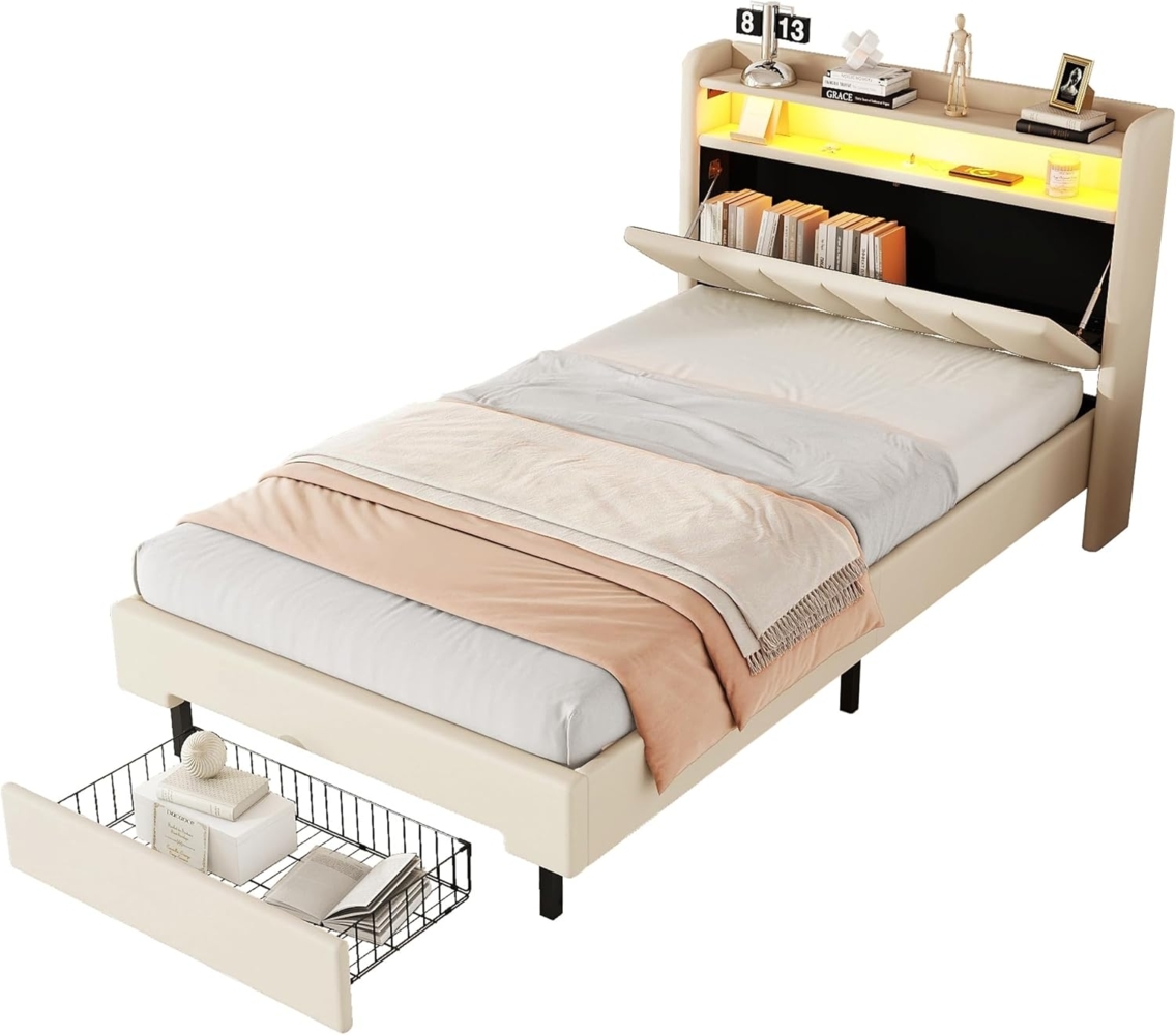 SOFTWEARY Stauraumbett mit LED-Beleuchtung (90x200 cm), Einzelbett mit Lattenrost und Stauraum, Polsterbett, Leinen Bild 1