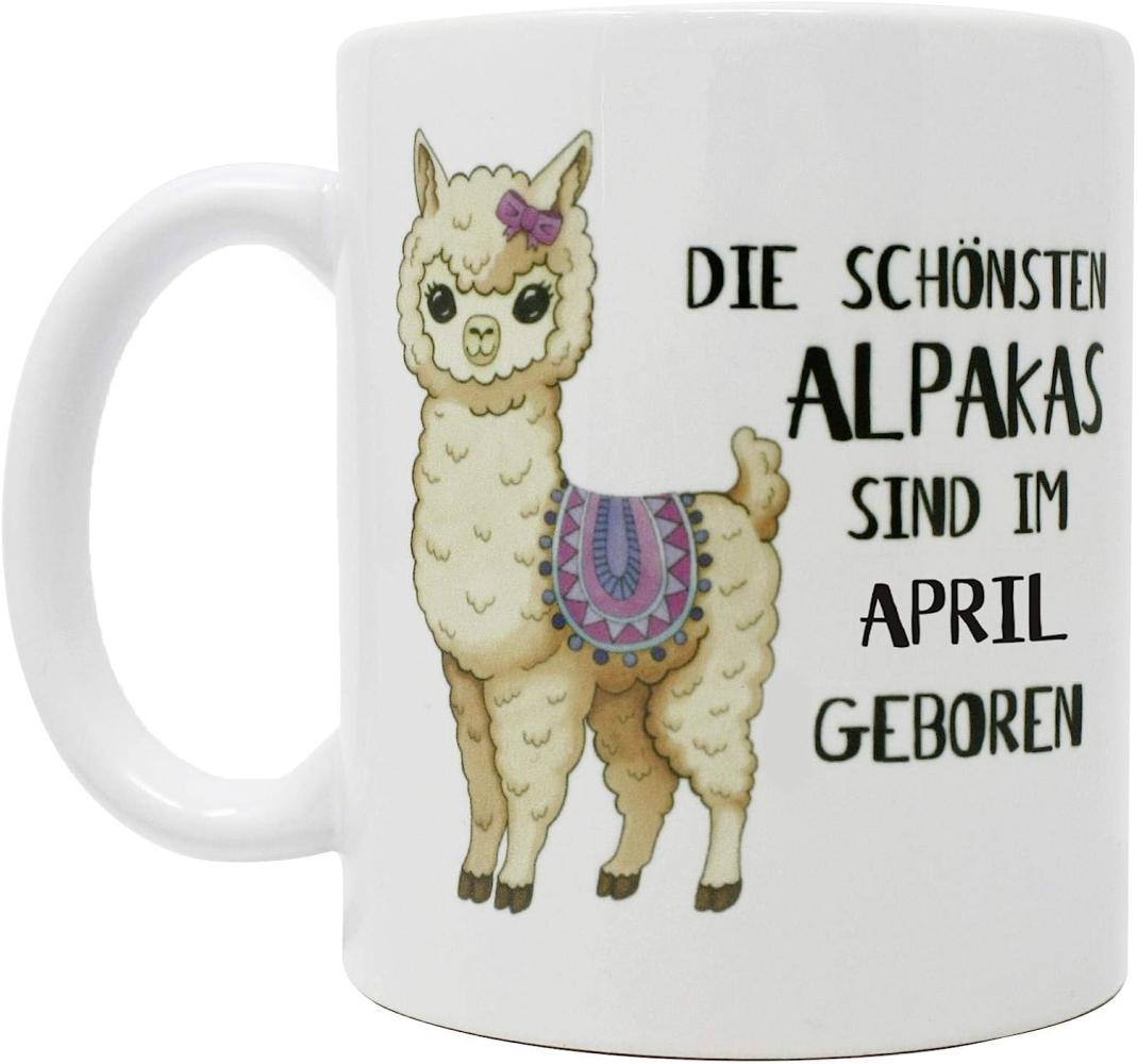 Alpaka Tasse April Die schönsten Alpakas sind. weiß, bedruckt, 100 % Keramik, in Geschenkverpackung. Bild 1